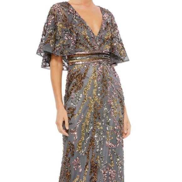 MAC DUGGAL 5439 CAPE SLEEVE EMBELLISHED CHARCOA LEVENING GOWN sz 6 - Picture 1 of 5